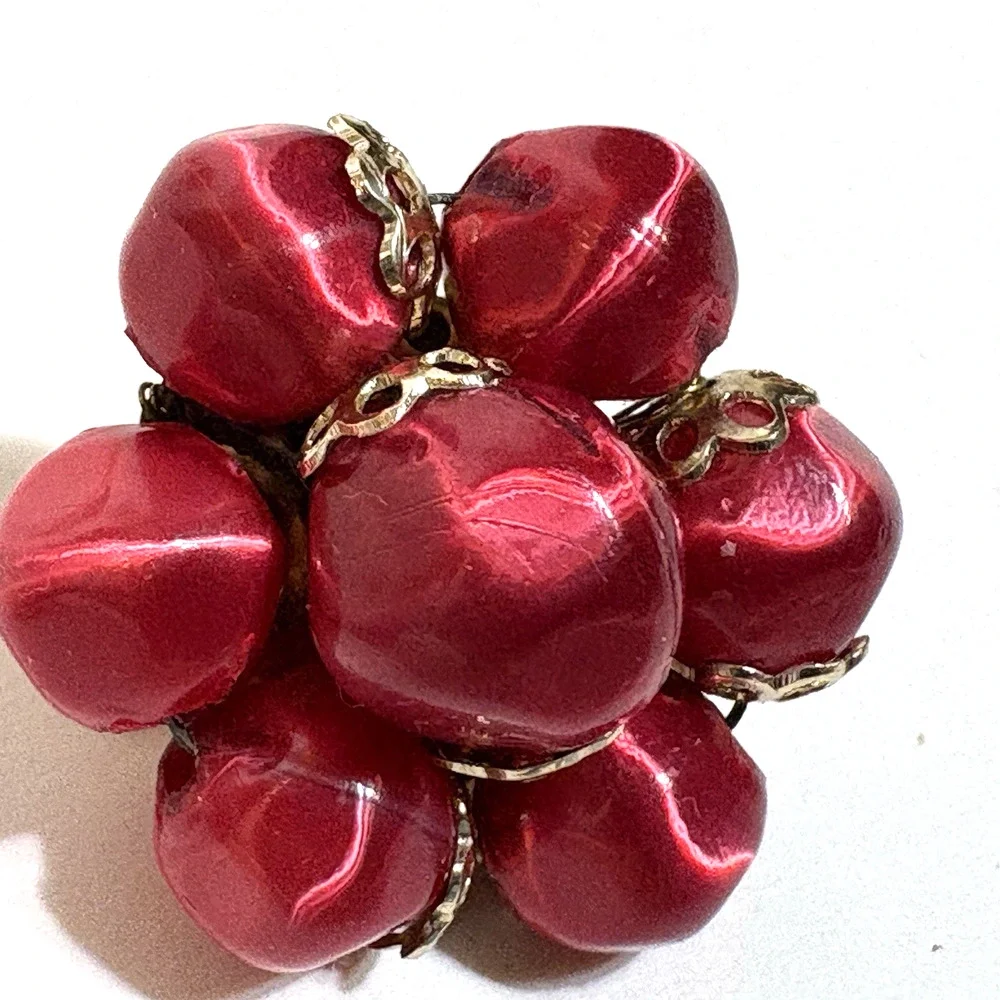 Vintage Red Satin Bead Earrings, Orbit Clip On Round Flowers Retro Japan 1950s